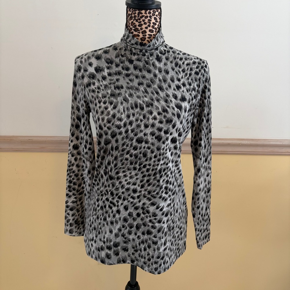 J.McLaughlin Womens Grey Leopard Print Turtleneck Long Sleeve Top‎ XS Stretch